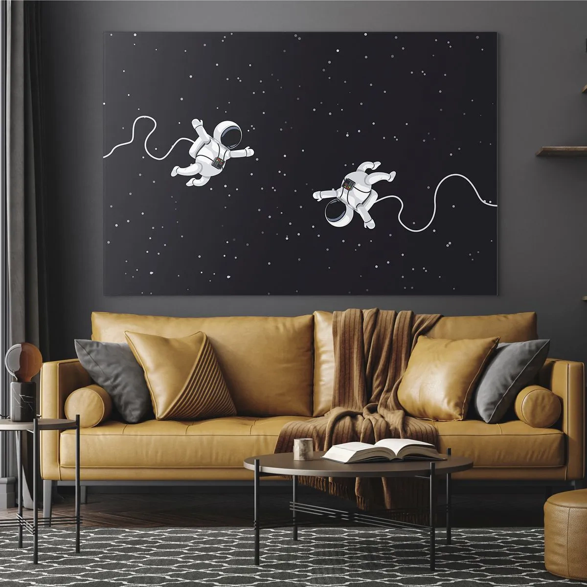 Obraz na skle - Dva astronauti vznášející se ve vesmíru - 70x50cm - Kosmický tanec - Moderní nástěnná dekorace do obývacího pokoje a ložnice ARTTOR