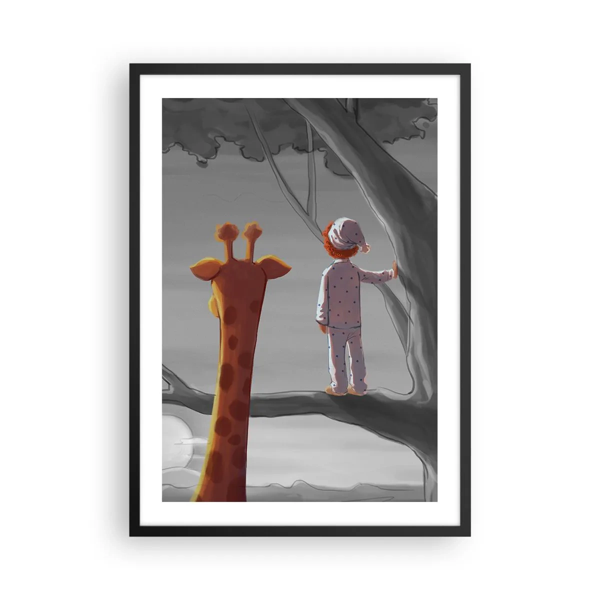 Plakát v černém rámu - Chlapec v pyžamu a žirafa na stromě v šedooranžové krajině. - 50x70cm - Fakt se to děje - Moderní nástěnná dekorace do obývacího pokoje a ložnice ARTTOR