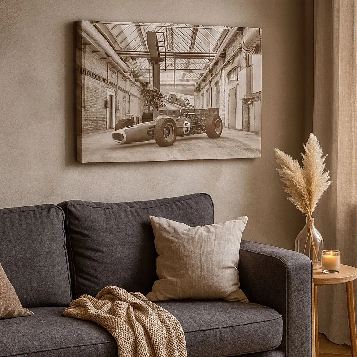 Obraz na plátně - Černobílé závodní auto v industriálním interiéru - 70x50cm - Odpočinek vítěze - Moderní nástěnná dekorace do obývacího pokoje a ložnice ARTTOR
