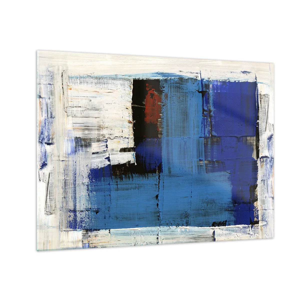 Obraz na skle - Abstraktní kompozice s dominantní modrou barvou. - 70x50cm - Tajemství modré - Moderní nástěnná dekorace do obývacího pokoje a ložnice ARTTOR