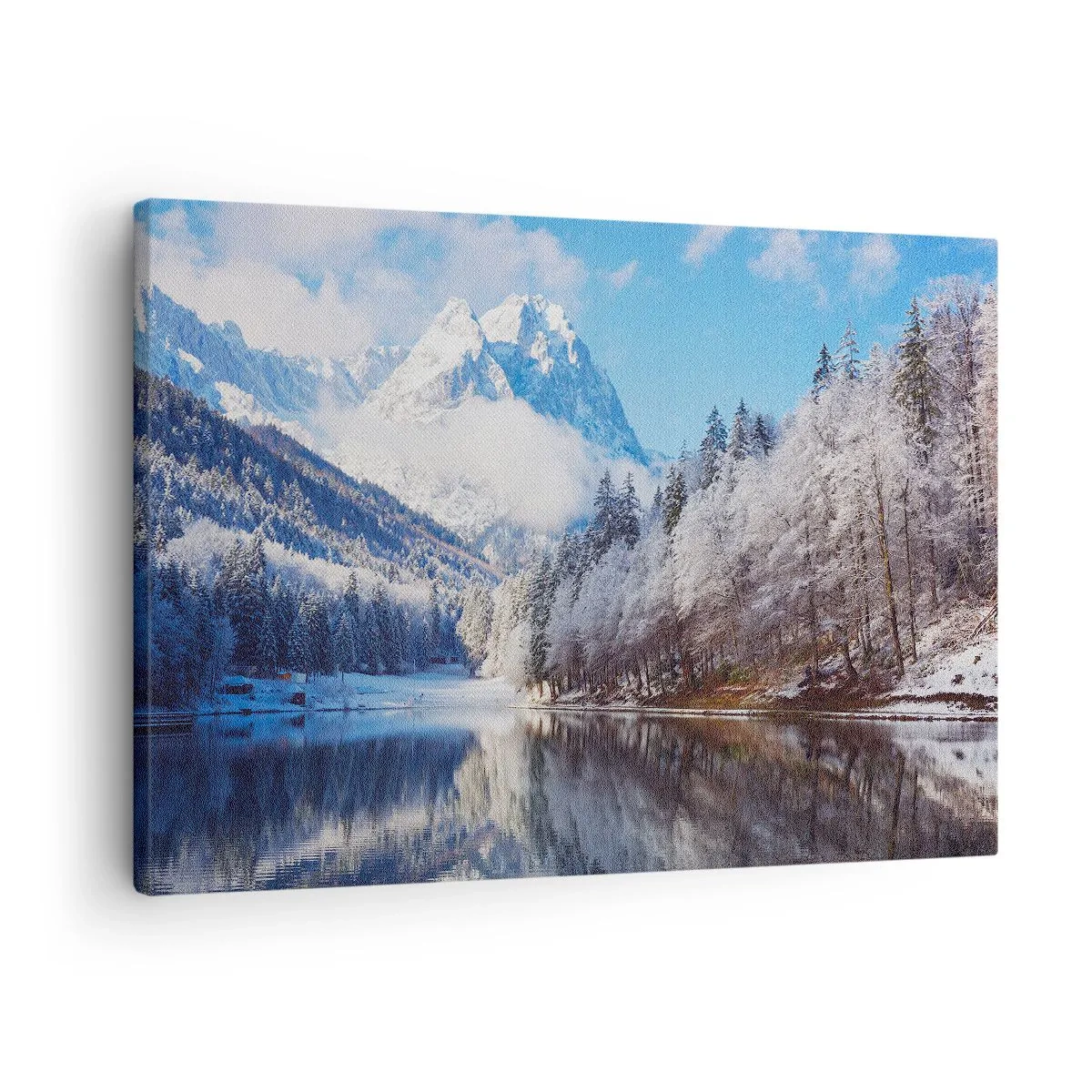 Obraz na plátně - Zimní horská krajina se zasněženými stromy a jezerem - 70x50cm - Sněhová stráž - Moderní nástěnná dekorace do obývacího pokoje a ložnice ARTTOR