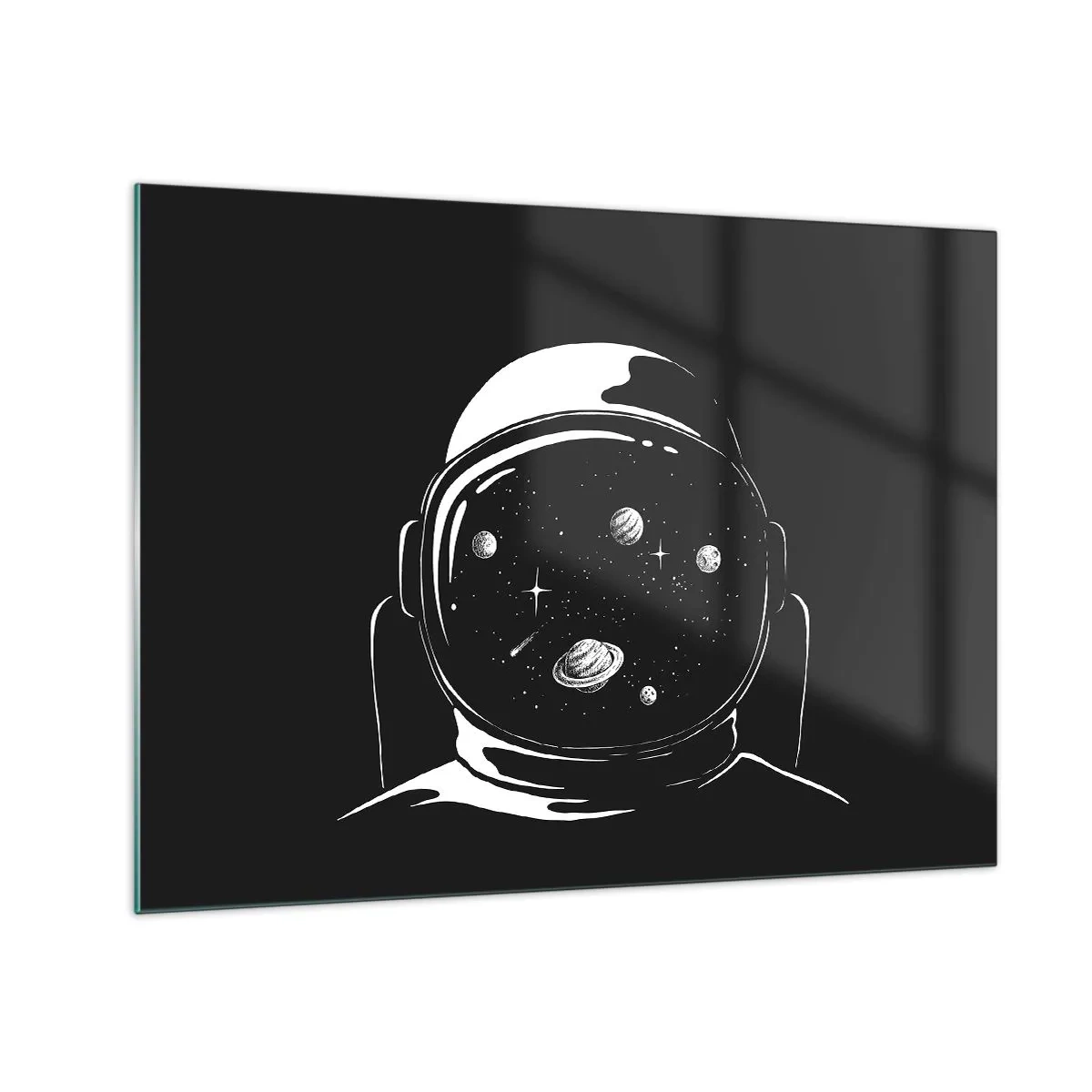 Obraz na skle - Astronaut s hvězdami a planetami v helmě na černém pozadí - 70x50cm - Skvělý výhled - Moderní nástěnná dekorace do obývacího pokoje a ložnice ARTTOR
