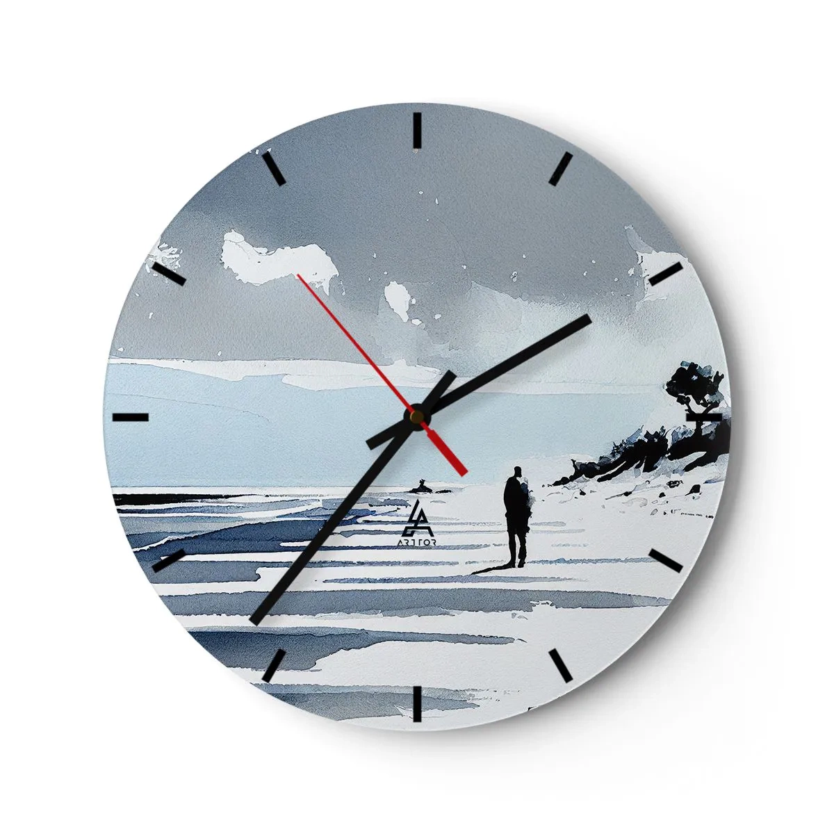 Nástěnné hodiny - Silueta osoby kráčející sama na pláži v šedých a modrých tónech - 30x30cm - O samotě - Moderní nástěnná dekorace do obývacího pokoje, kuchyně a ložnice ARTTOR