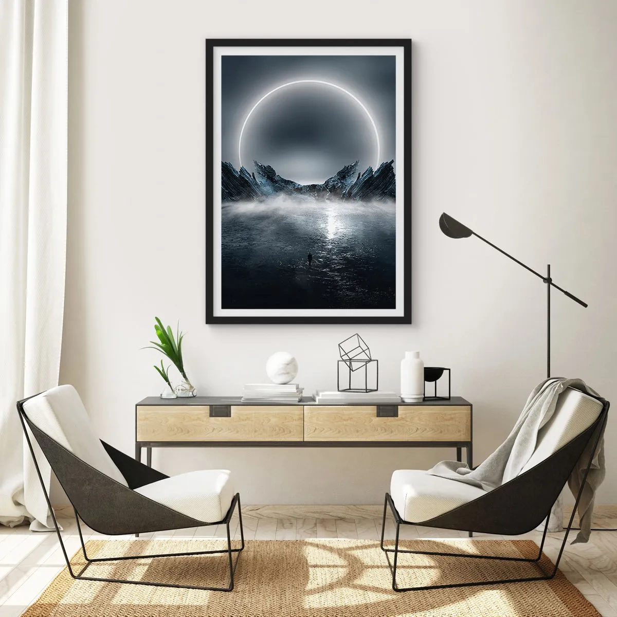 Plakát v černém rámu - Tajemná krajina s jasným kruhem na obloze - 50x70cm - Finále příběhu - Moderní nástěnná dekorace do obývacího pokoje a ložnice ARTTOR