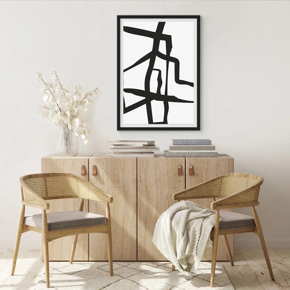 Plakát v černém rámu - Abstraktní kompozice černých čar na bílém pozadí - 50x70cm - Černobílá konstrukce - Moderní nástěnná dekorace do obývacího pokoje a ložnice ARTTOR