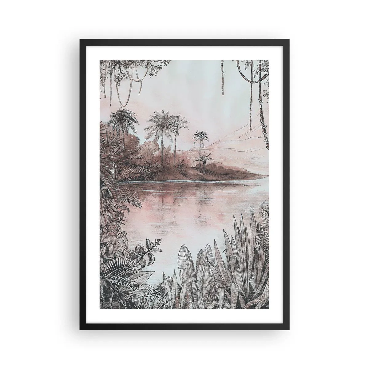 Plakát v černém rámu - Exotická krajina u vody - 50x70cm - Deník cestovatele z 19. století - Moderní nástěnná dekorace do obývacího pokoje a ložnice ARTTOR