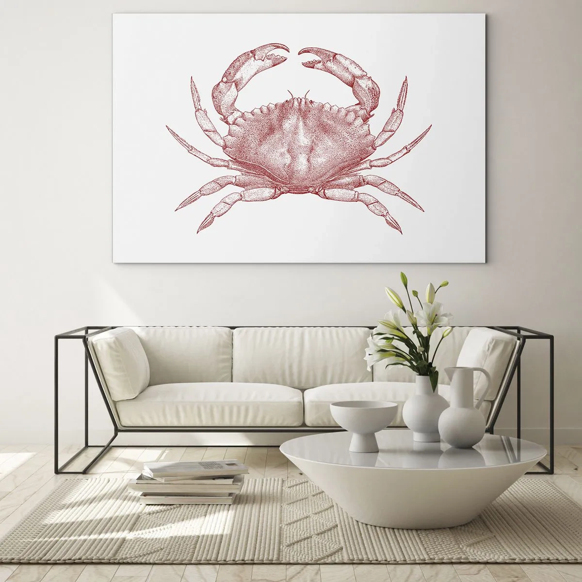 Obraz na skle - Náčrt červeného kraba na světlém pozadí v retro stylu - 70x50cm - Krab nad kraby - Moderní nástěnná dekorace do obývacího pokoje a ložnice ARTTOR
