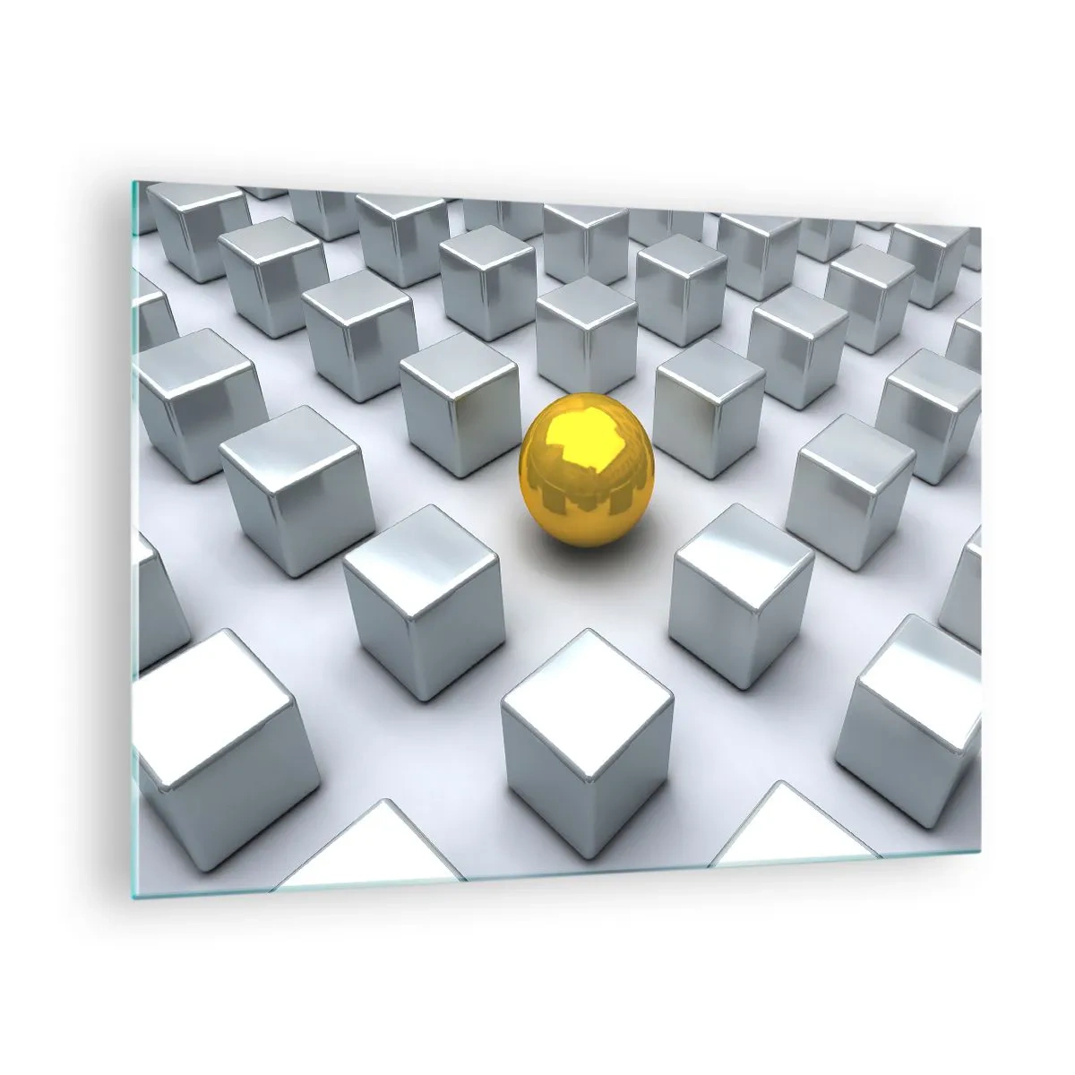 Obraz na skle - Zlatá koule obklopená stříbrnými kostkami - 70x50cm - Proč já? Geometrická kompozice - Moderní nástěnná dekorace do obývacího pokoje a ložnice ARTTOR