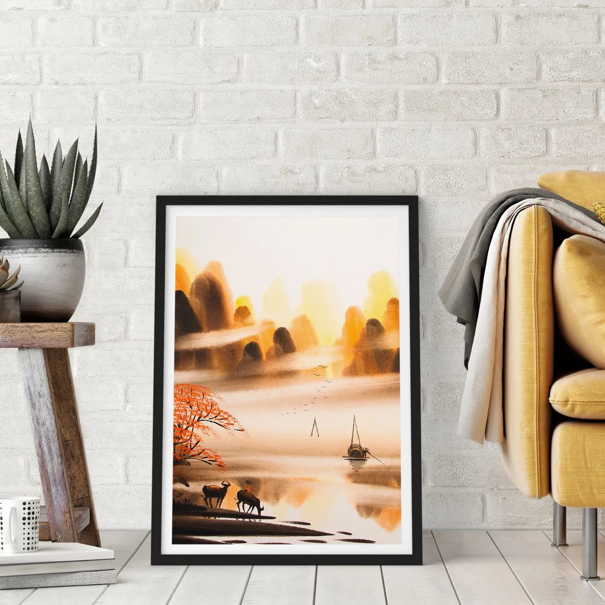 Plakát v černém rámu - Orientální horská krajina v mlze s lodí a zvířaty - 50x70cm - Dál než na Dálném východu - Moderní nástěnná dekorace do obývacího pokoje a ložnice ARTTOR