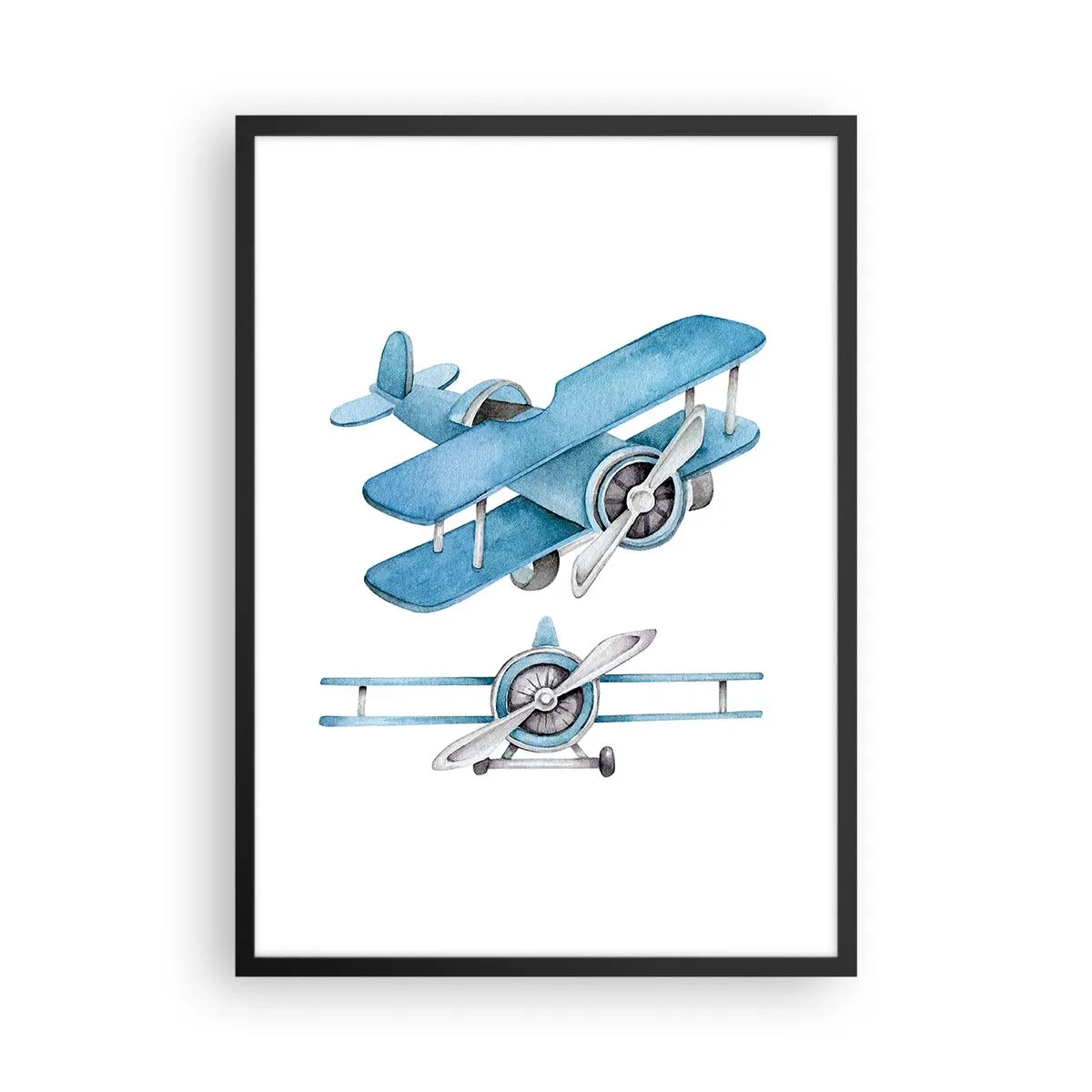 Plakát v černém rámu - Akvarelové modré dvojplošníky - 50x70cm - Rozený vítěz - Moderní nástěnná dekorace do obývacího pokoje a ložnice ARTTOR