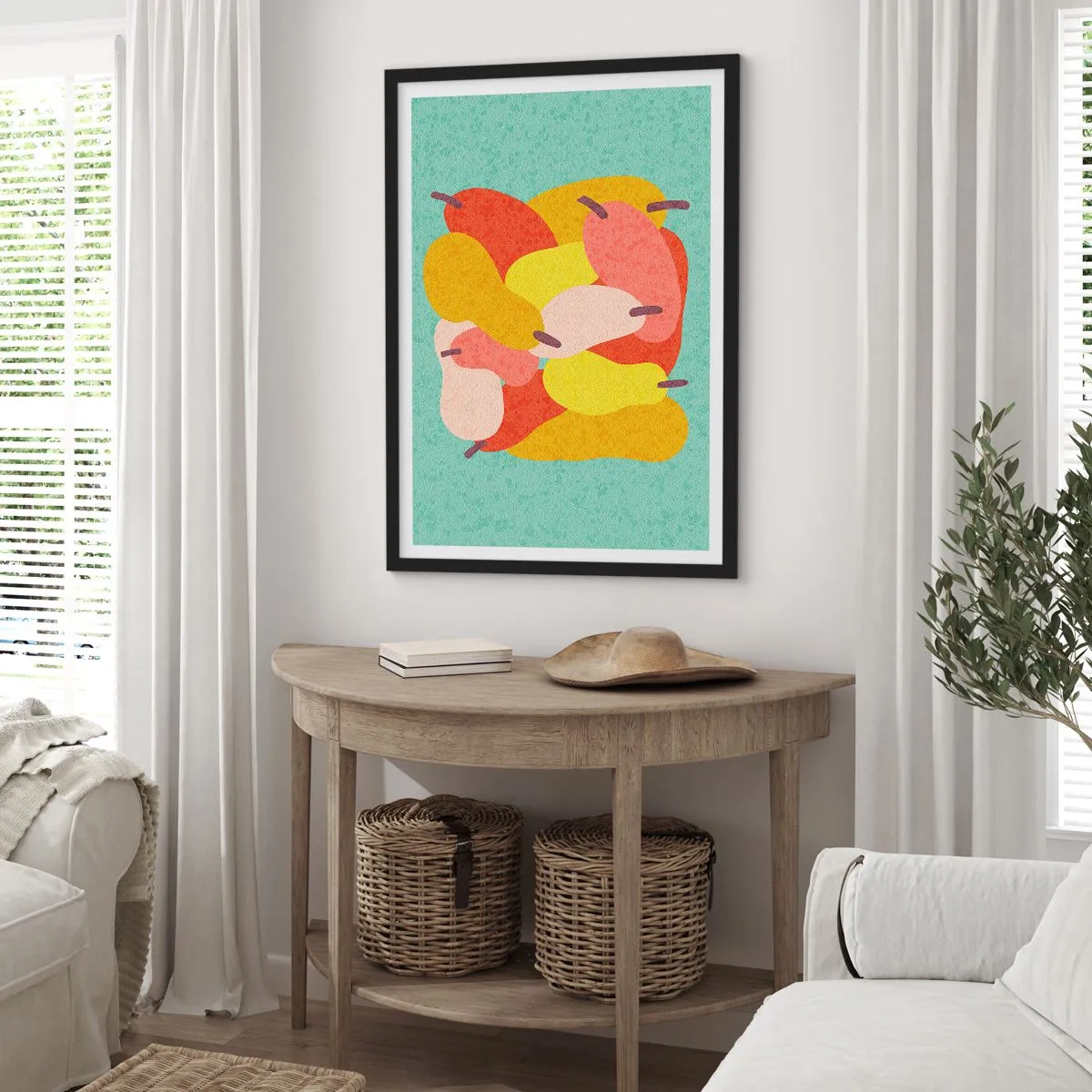 Plakát v černém rámu - Barevné ilustrace hrušek na tyrkysovém pozadí - 50x70cm - Ochutnejte letní slunce - Moderní nástěnná dekorace do obývacího pokoje a ložnice ARTTOR