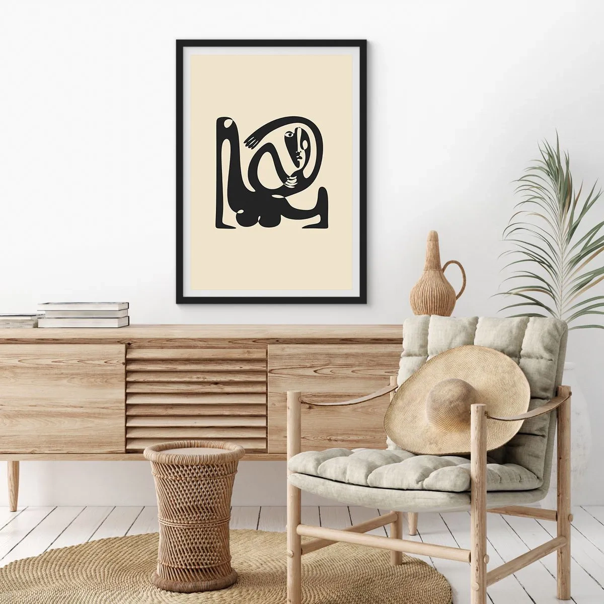 Plakát v černém rámu - Abstraktní postava na béžovém pozadí s černými čarami - 50x70cm - Téměř Picasso - Moderní nástěnná dekorace do obývacího pokoje a ložnice ARTTOR