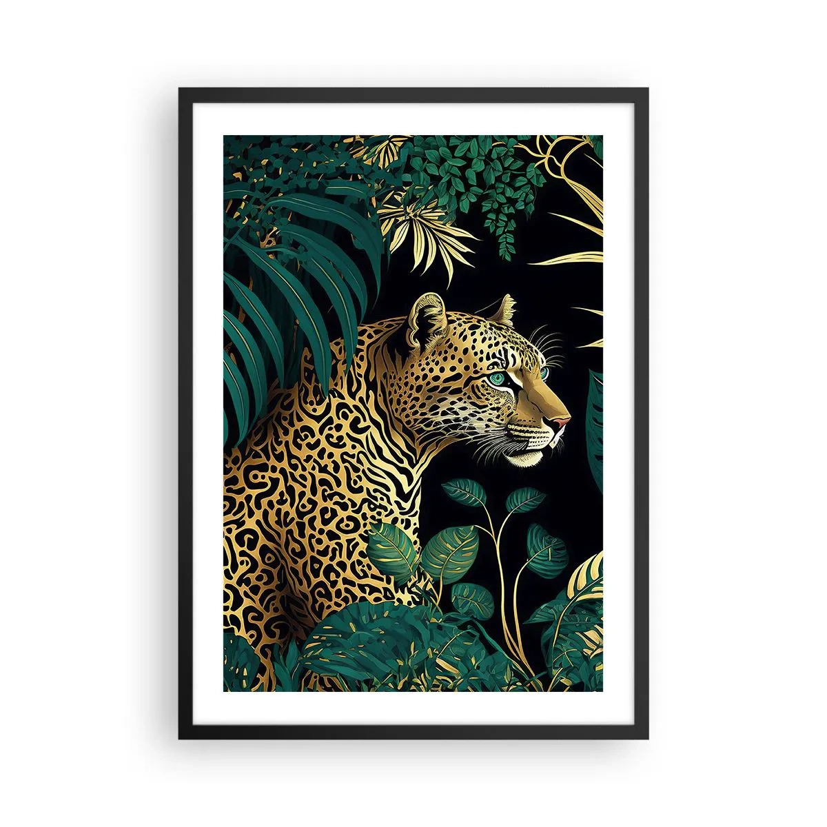 Plakát v černém rámu - Zlatý leopard v tropické džungli - 50x70cm - Domácí v džungli - Moderní nástěnná dekorace do obývacího pokoje a ložnice ARTTOR