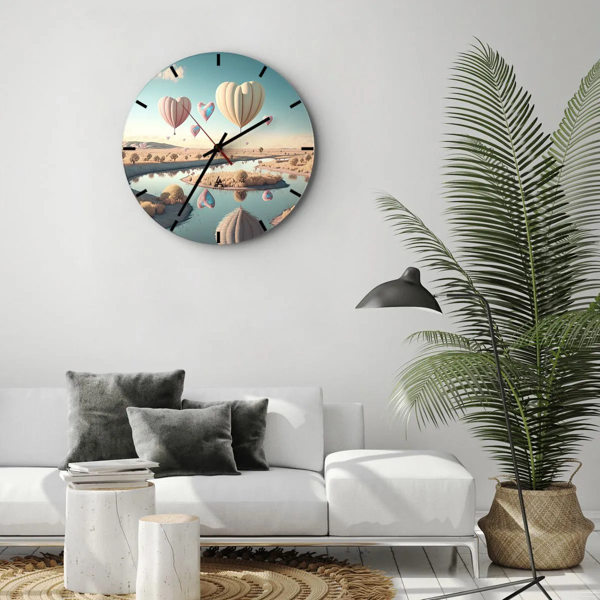 Nástěnné hodiny - Balónky ve tvaru srdce plující nad řekou - 30x30cm - Láska tě nechá vzlétnout - Moderní nástěnná dekorace do obývacího pokoje, kuchyně a ložnice ARTTOR