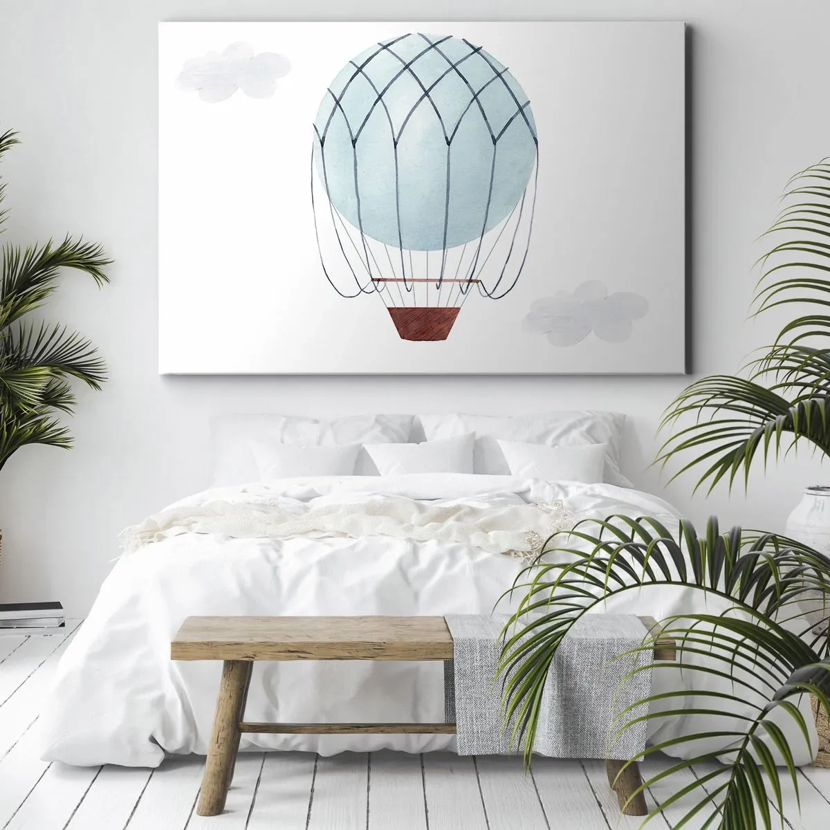 Obraz na plátně - Ručně malovaný balónek na pozadí jemných mraků. - 70x50cm - Celý v oblacích - Moderní nástěnná dekorace do obývacího pokoje a ložnice ARTTOR