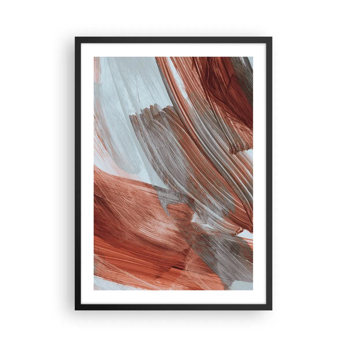 Plakát v černém rámu - Dynamické tahy štětcem v teplých tónech - 50x70cm - Podzimní větrná abstrakce - Moderní nástěnná dekorace do obývacího pokoje a ložnice ARTTOR