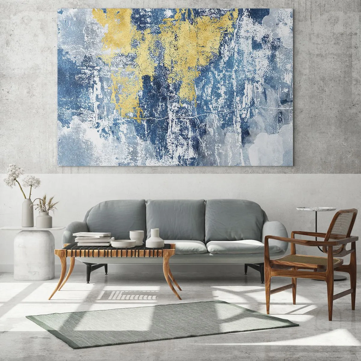 Obraz na skle - Modrá a žlutá abstrakce s efektem poškrábaného a texturovaného povrchu - 70x50cm - Abstrakce s dobrou náladou - Moderní nástěnná dekorace do obývacího pokoje a ložnice ARTTOR