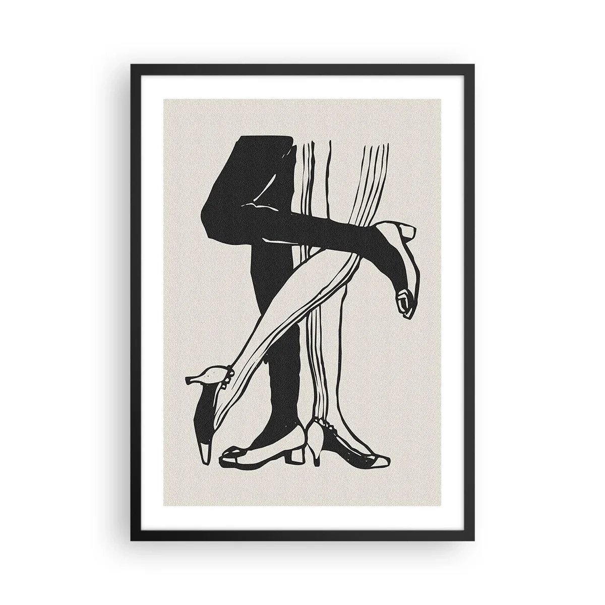 Plakát v černém rámu - Černobílé ilustrace propletených nohou tančících - 50x70cm - Ženský atribut - Moderní nástěnná dekorace do obývacího pokoje a ložnice ARTTOR