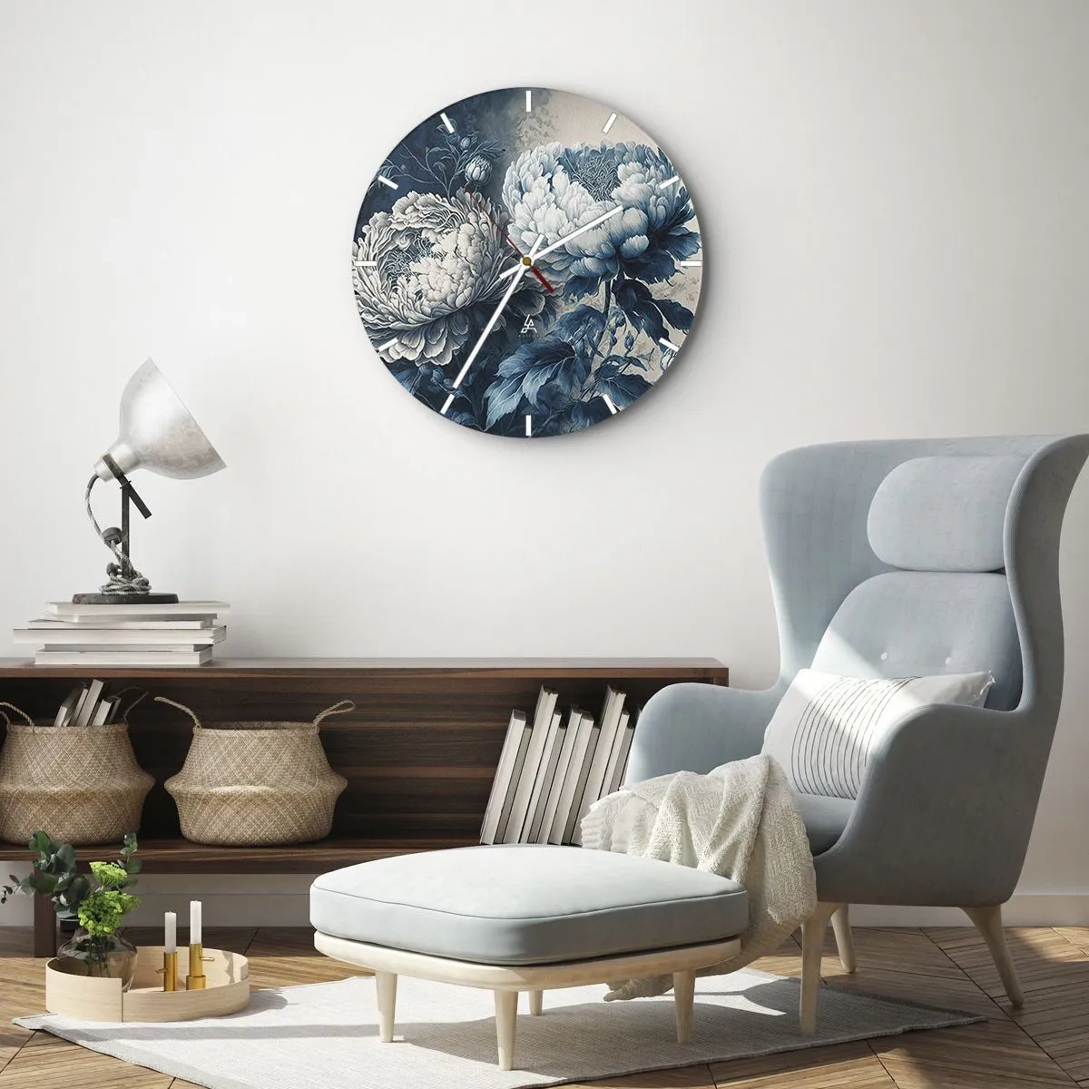 Nástěnné hodiny - Ilustrace dvou pivoněk v odstínech modré a bílé - 30x30cm - Shodný pár - Moderní nástěnná dekorace do obývacího pokoje, kuchyně a ložnice ARTTOR