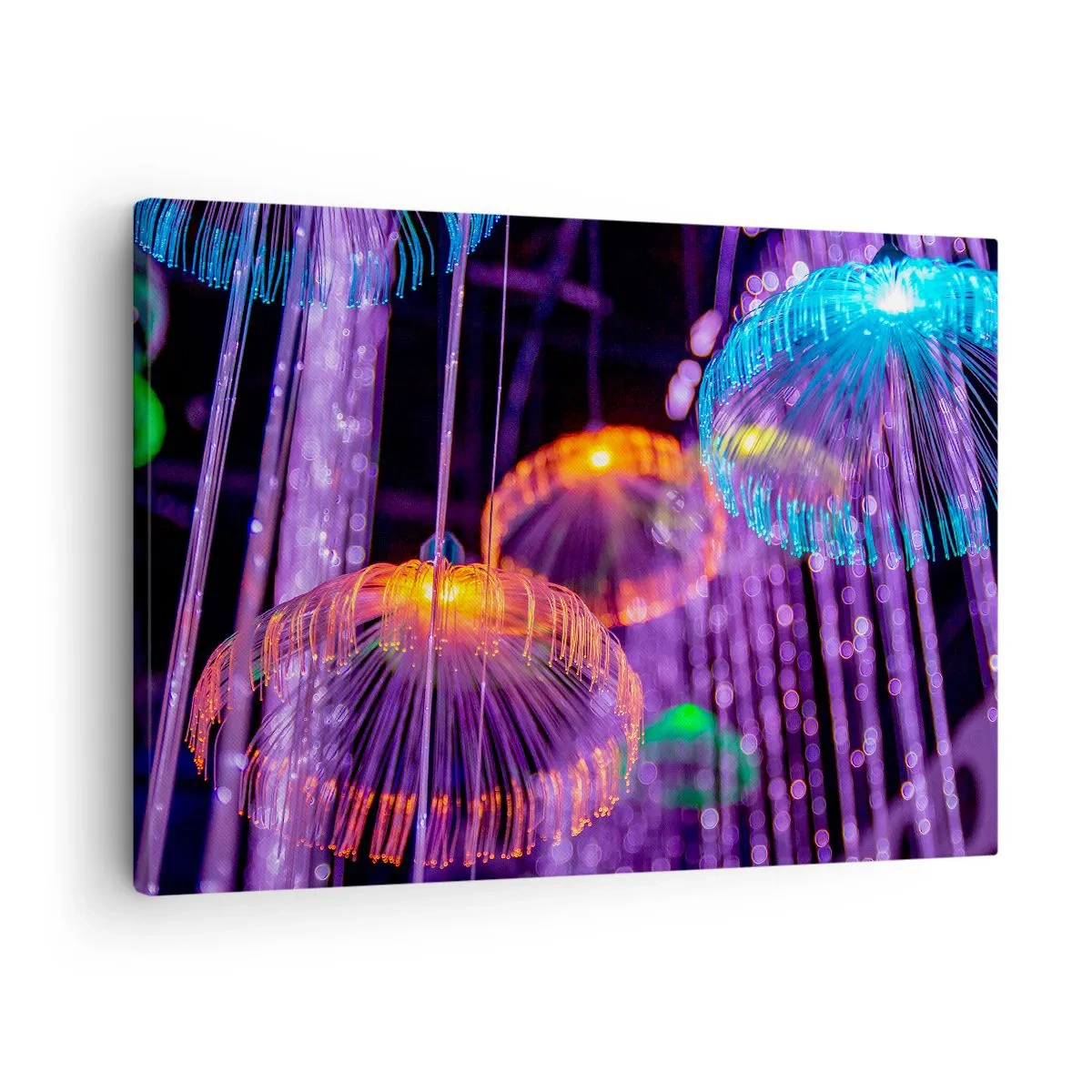 Obraz na plátně - Barevné svítící medúzy v tmavém prostředí - 70x50cm - Světelná fontána - Moderní nástěnná dekorace do obývacího pokoje a ložnice ARTTOR