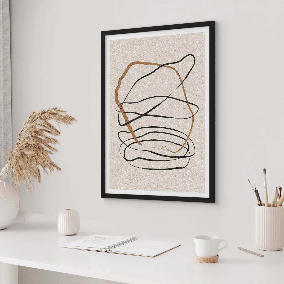 Plakát v černém rámu - Minimalistická abstrakce s dynamickými liniemi - 50x70cm - Kompozice – tanec ve smyčce - Moderní nástěnná dekorace do obývacího pokoje a ložnice ARTTOR