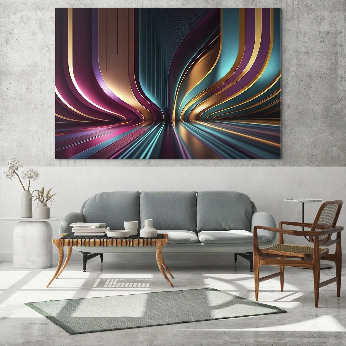 Obraz na skle - Barevné světelné linie vytvářející futuristické tvary - 70x50cm - Architektura světla - Moderní nástěnná dekorace do obývacího pokoje a ložnice ARTTOR