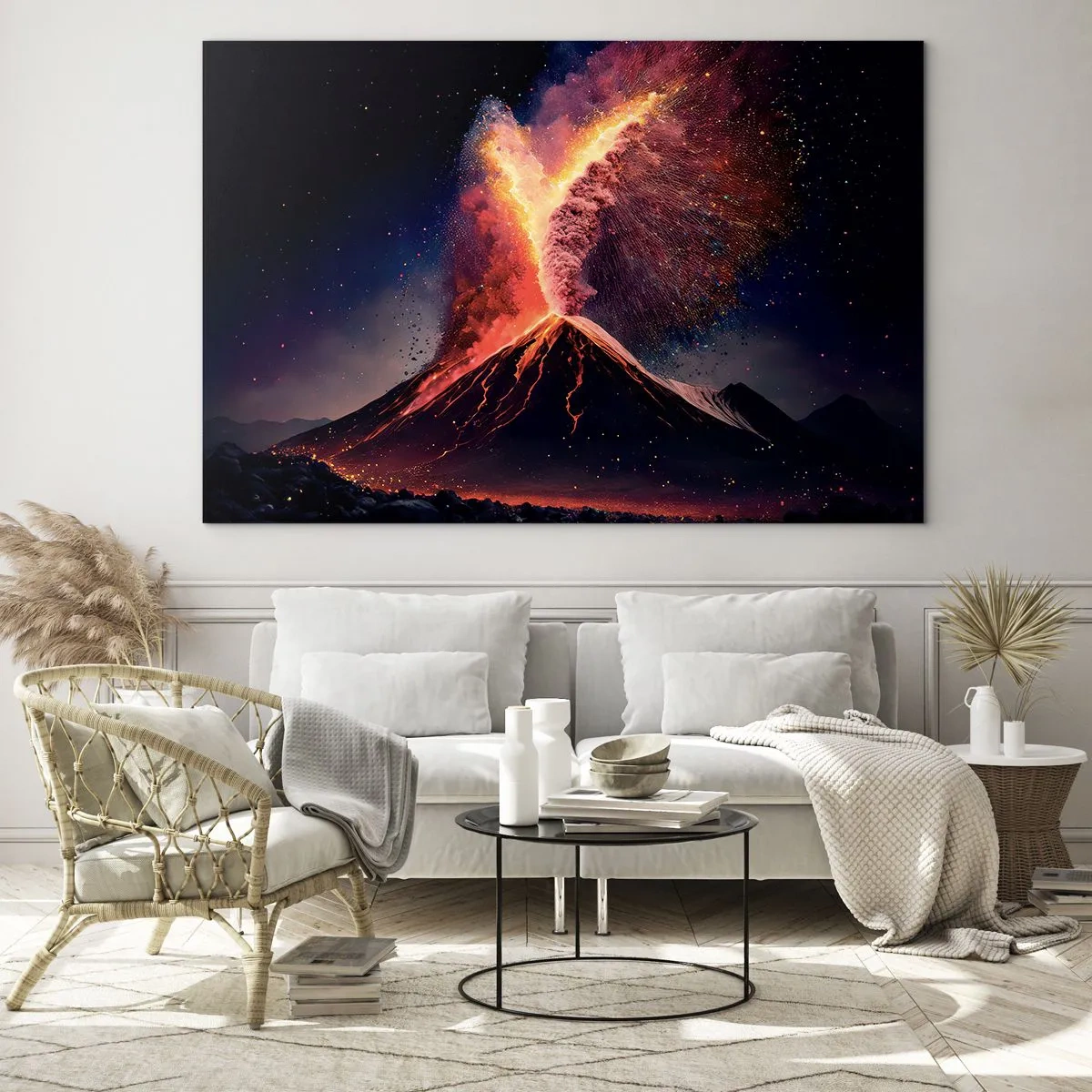 Obraz na skle - Erupce sopky s lávou a barevným oblakem prachu - 70x50cm - Krása a hrůza - Moderní nástěnná dekorace do obývacího pokoje a ložnice ARTTOR