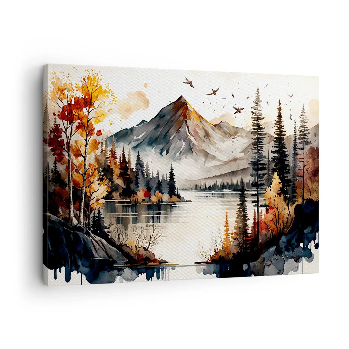 Obraz na plátně - Podzimní horská krajina s jezerem a stromy v akvarelu - 70x50cm - Zlatý podzim na horách - Moderní nástěnná dekorace do obývacího pokoje a ložnice ARTTOR