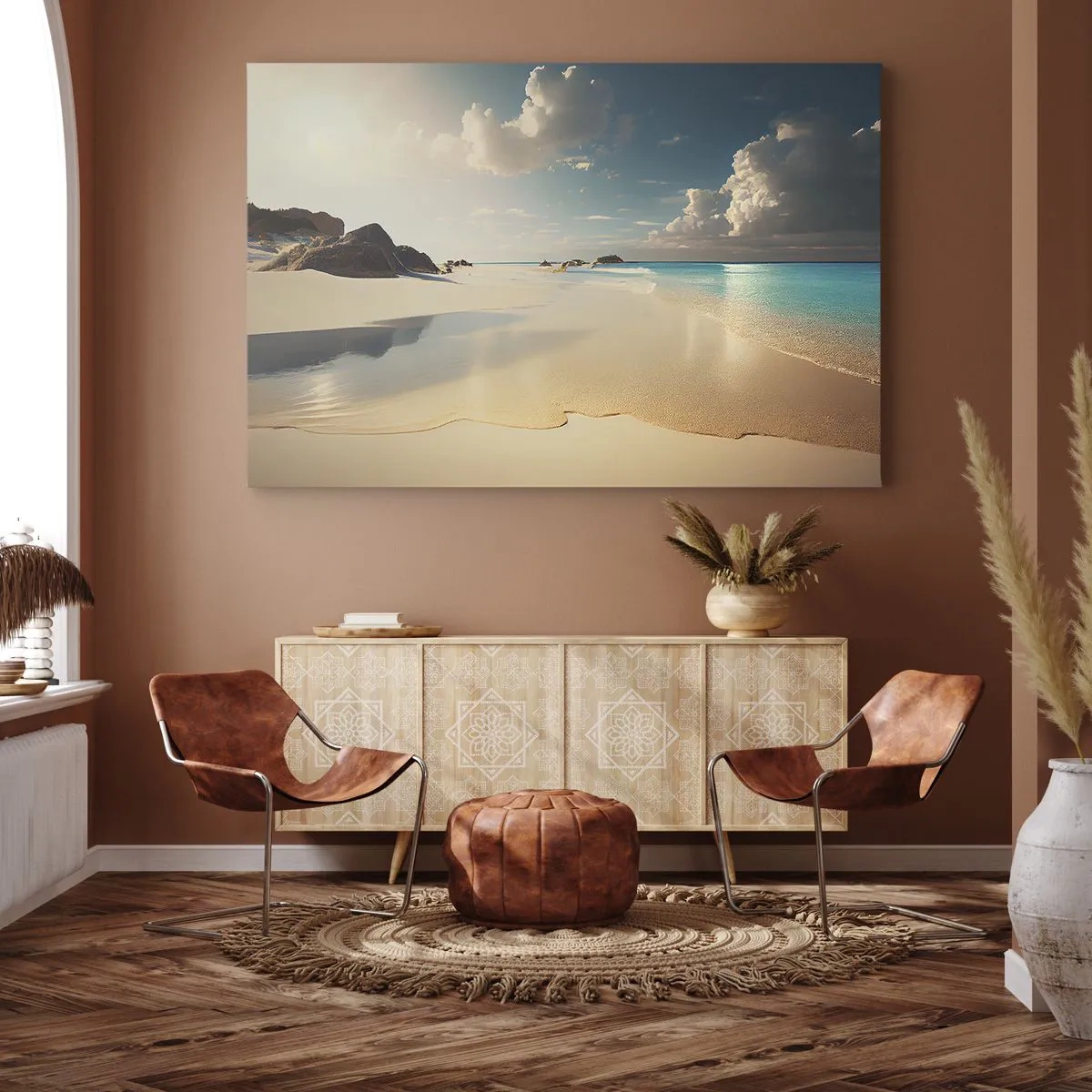 Obraz na plátně - Slunečná pláž s modrým mořem a skalami - 70x50cm - Vysněný den - Moderní nástěnná dekorace do obývacího pokoje a ložnice ARTTOR