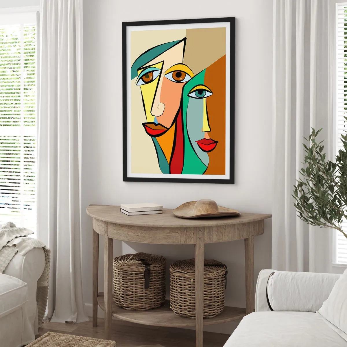 Plakát v černém rámu - Abstraktní tváře v kubistickém stylu v teplých barvách - 50x70cm - Kubistický pár - Moderní nástěnná dekorace do obývacího pokoje a ložnice ARTTOR