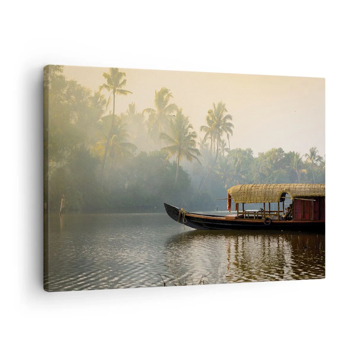 Obraz na plátně - Tradiční loď na klidné řece mezi palmami - 70x50cm - Dům na řece - Moderní nástěnná dekorace do obývacího pokoje a ložnice ARTTOR