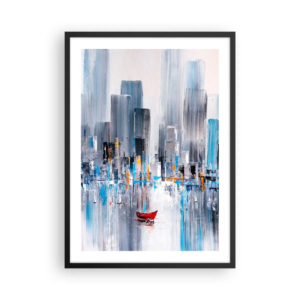 Plakát v černém rámu - Abstraktní obraz zobrazující panorama města nad vodou s červenou lodí. - 50x70cm - Metropole u zálivu - Moderní nástěnná dekorace do obývacího pokoje a ložnice ARTTOR