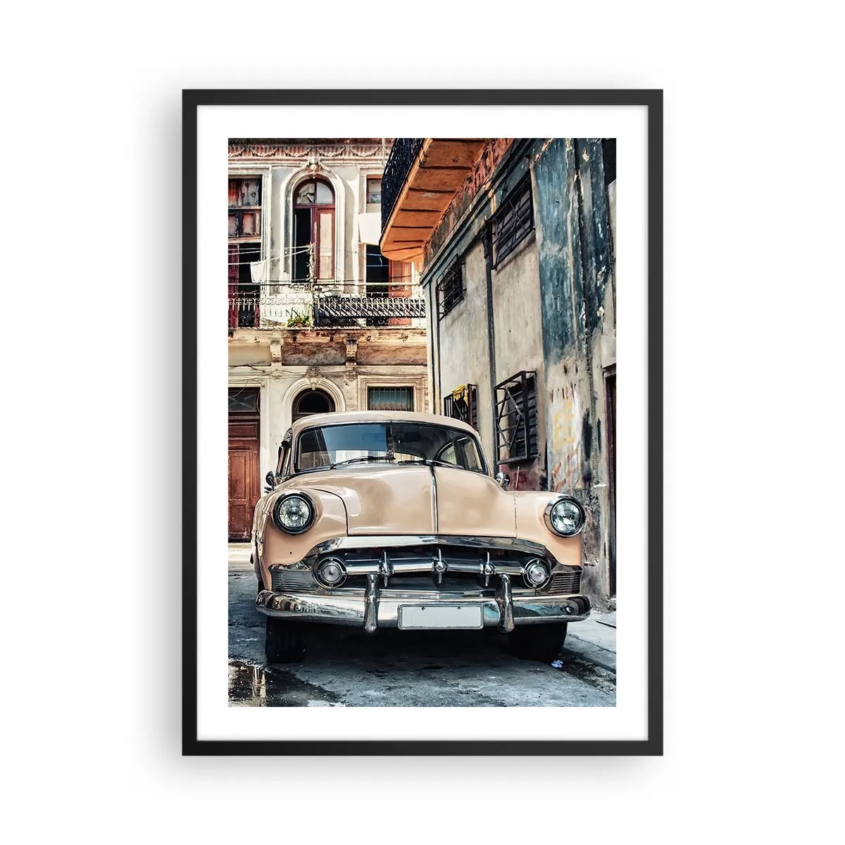 Plakát v černém rámu - Klasické auto v retro městském prostředí - 50x70cm - Siesta v Havaně - Moderní nástěnná dekorace do obývacího pokoje a ložnice ARTTOR