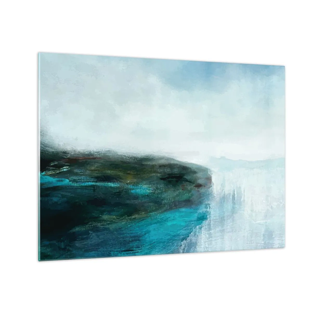 Obraz na skle - Abstraktní vodní krajina s dominantními modrými a bílými barvami - 70x50cm - Námořní abstrakce - Moderní nástěnná dekorace do obývacího pokoje a ložnice ARTTOR