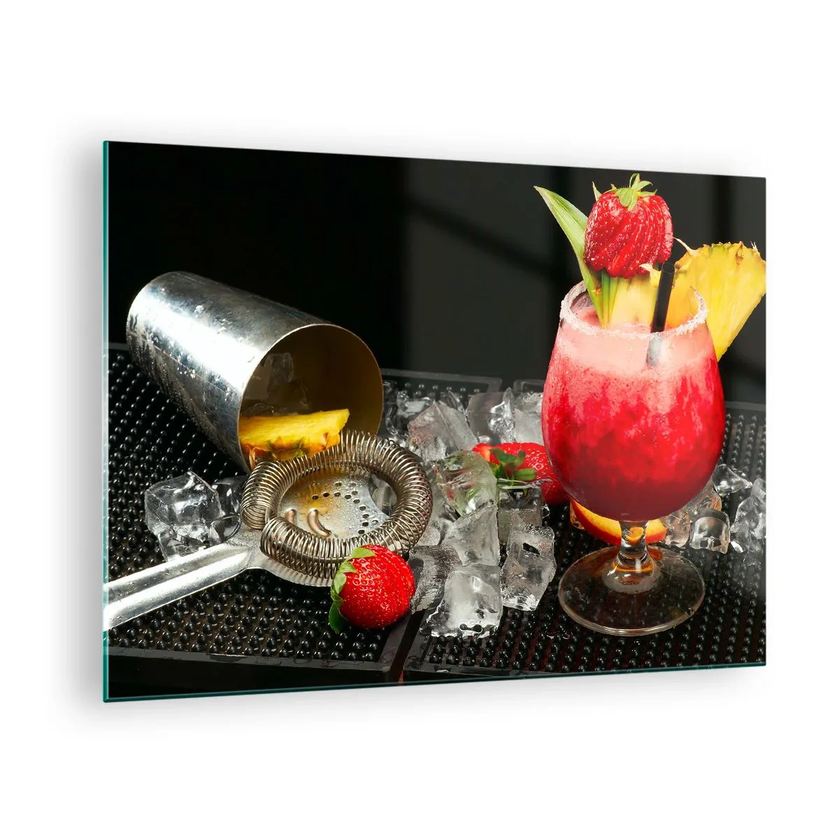 Obraz na skle - Barevný nápoj s ovocem a šejkrem na ledě - 70x50cm - Vykouzlit chuť - Moderní nástěnná dekorace do obývacího pokoje a ložnice ARTTOR