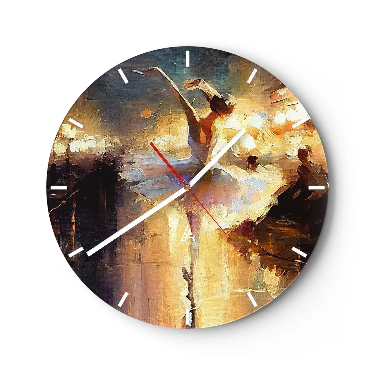 Nástěnné hodiny - Tanečnice v bílých šatech zachycená v dynamickém pohybu - 30x30cm - Zázrak na ulici - Moderní nástěnná dekorace do obývacího pokoje, kuchyně a ložnice ARTTOR