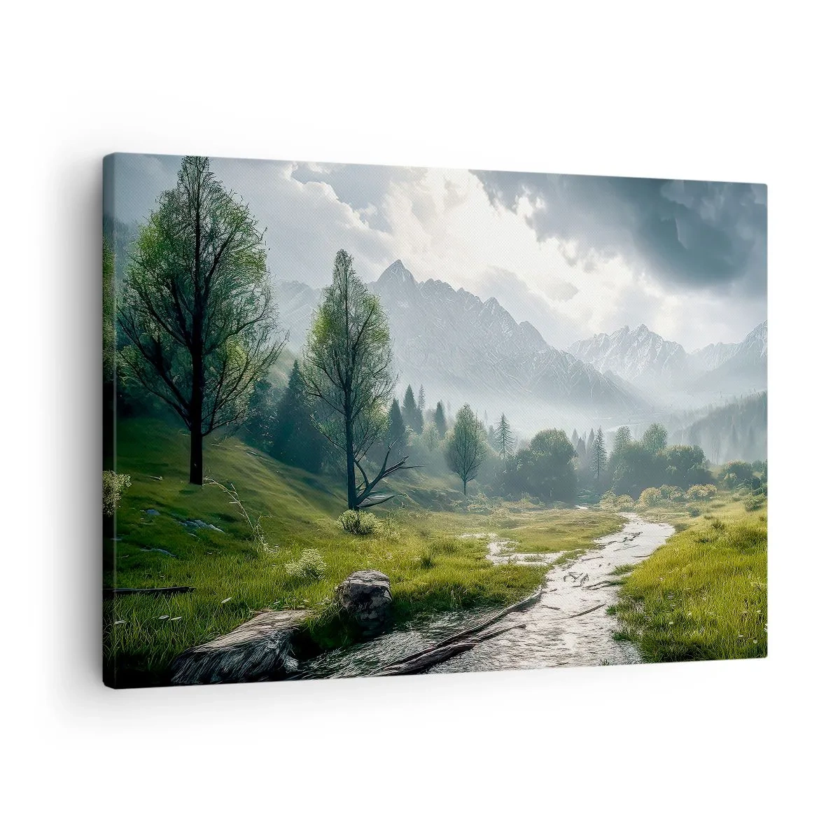 Obraz na plátně - Horská krajina s řekou a stromy obklopená mlžnými horami - 70x50cm - Tam a zpět - Moderní nástěnná dekorace do obývacího pokoje a ložnice ARTTOR