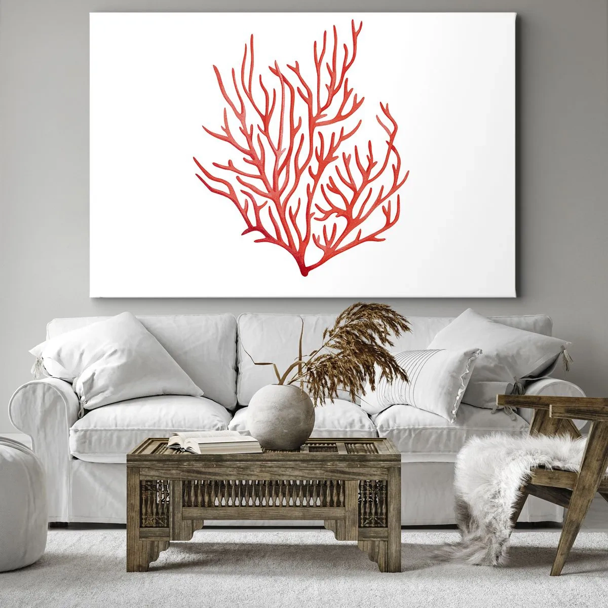 Obraz na plátně - Červený korál na bílém pozadí v minimalistickém stylu - 70x50cm - Korálový filigrán - Moderní nástěnná dekorace do obývacího pokoje a ložnice ARTTOR
