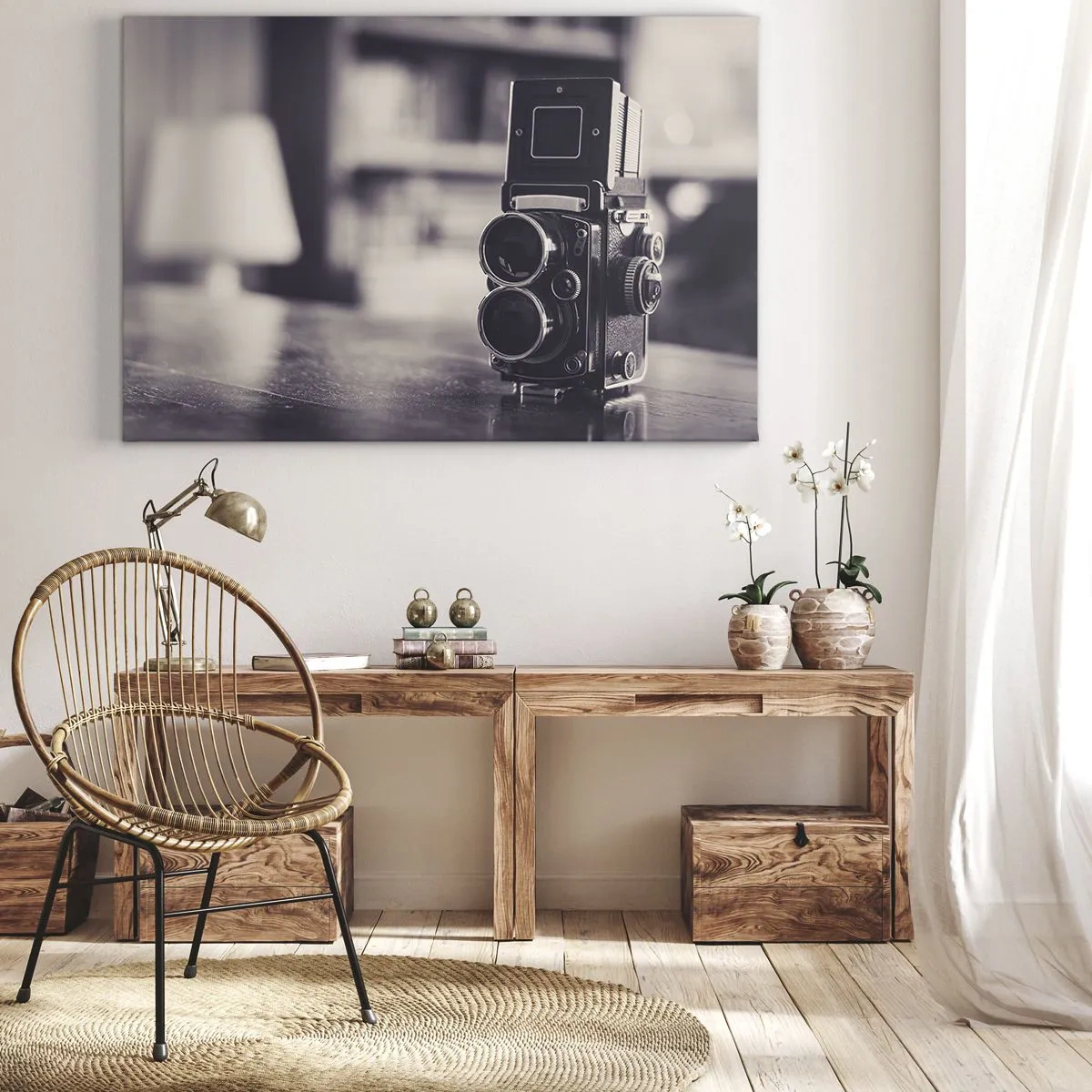 Obraz na plátně - Starožitný fotoaparát v černé a bílé - 70x50cm - Kouzlo staré fotografie - Moderní nástěnná dekorace do obývacího pokoje a ložnice ARTTOR