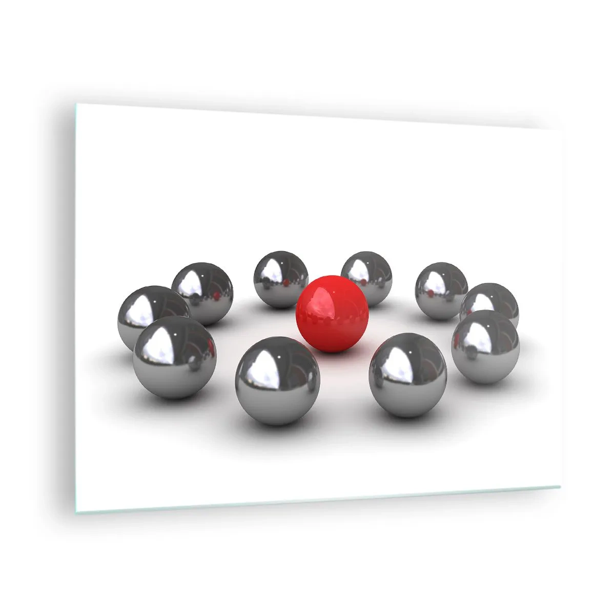 Obraz na skle - Červená koule obklopená stříbrem na bílém pozadí - 70x50cm - Kruh v stříbrné a červené - Moderní nástěnná dekorace do obývacího pokoje a ložnice ARTTOR