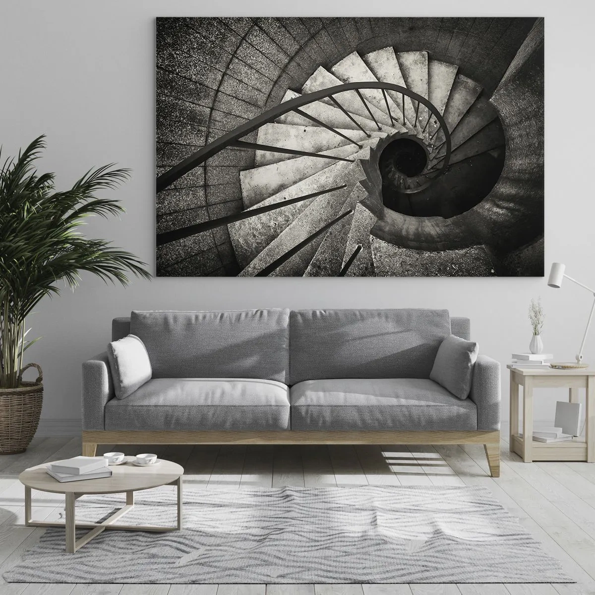 Obraz na skle - Černobílé točité schodiště z ptačí perspektivy - 70x50cm - Nahoru po schodech, dolů po schodech - Moderní nástěnná dekorace do obývacího pokoje a ložnice ARTTOR