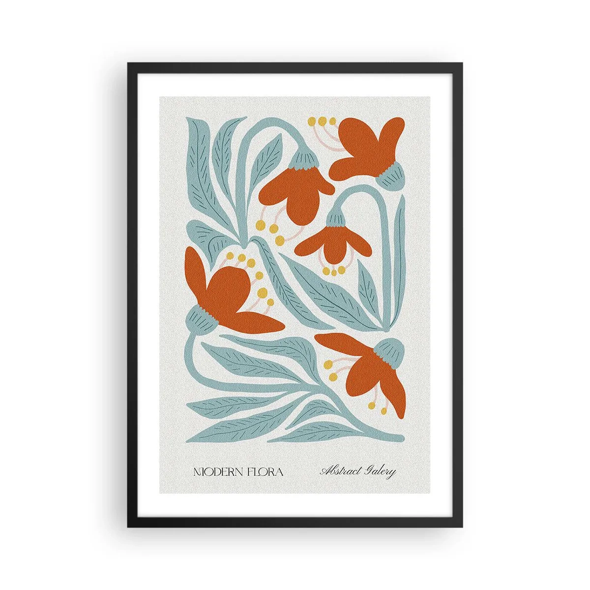 Plakát v černém rámu - Dekorativní květiny v odstínech oranžové a modré - 50x70cm - K zemi, ke slunci - Moderní nástěnná dekorace do obývacího pokoje a ložnice ARTTOR