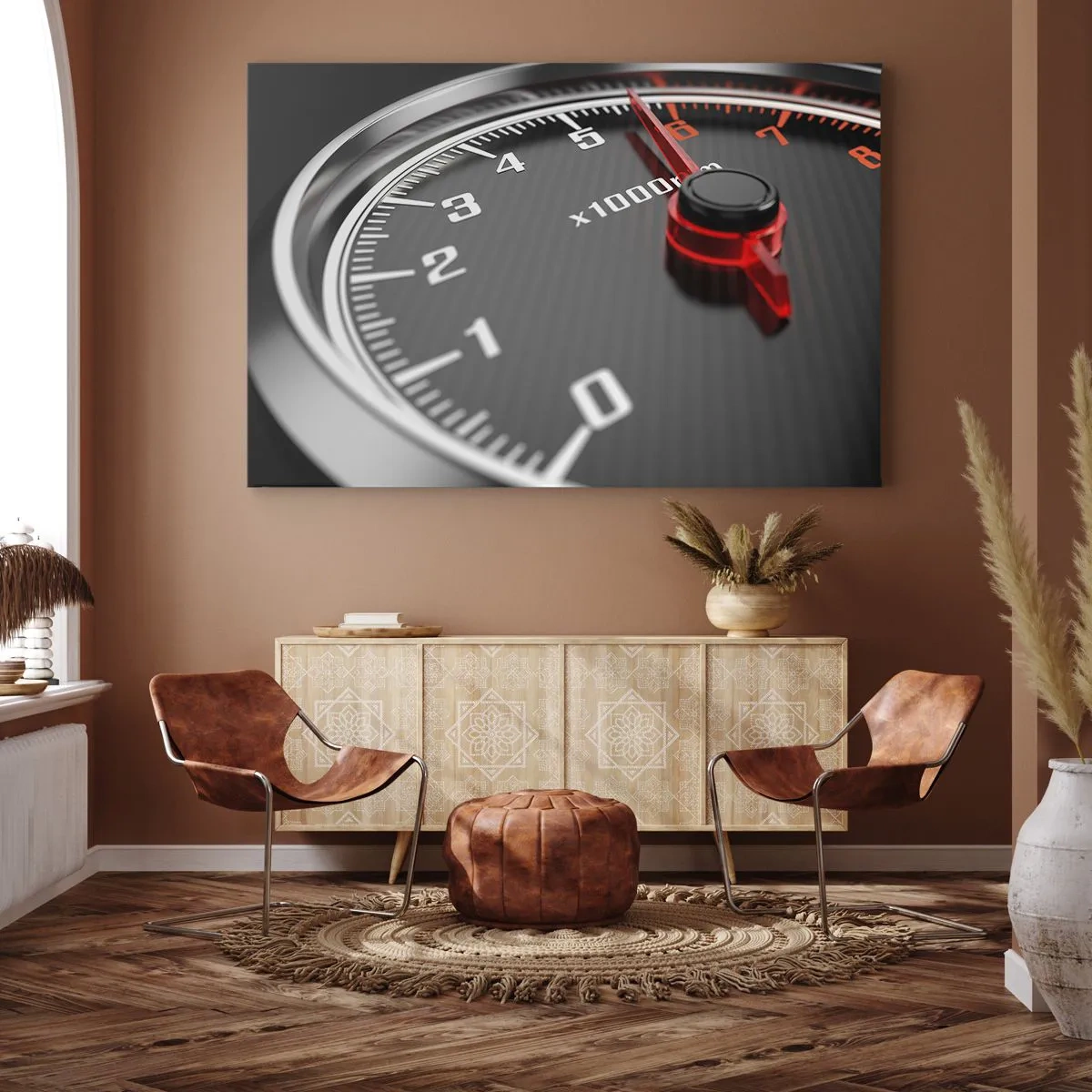 Obraz na plátně - Detail otáčkoměru s červenou ručičkou - 70x50cm - Šlápni na to - Moderní nástěnná dekorace do obývacího pokoje a ložnice ARTTOR