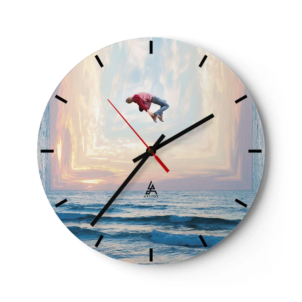 Nástěnné hodiny - Skákající postava u moře v surrealistické krajině - 30x30cm - Do jiné dimenze - Moderní nástěnná dekorace do obývacího pokoje, kuchyně a ložnice ARTTOR