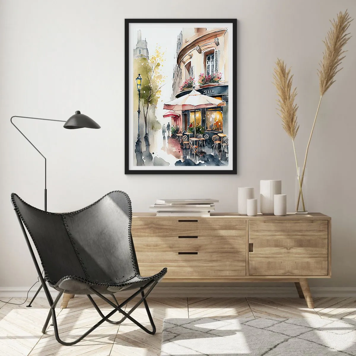 Plakát v černém rámu - Kavárna na malebné ulici v evropském stylu - 50x70cm - Pařížské ráno - Moderní nástěnná dekorace do obývacího pokoje a ložnice ARTTOR