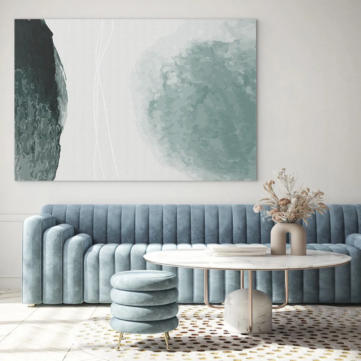 Obraz na skle - Zelené abstraktní tvary na světlém pozadí připomínající mlhu - 70x50cm - Setkání s mlhou - Moderní nástěnná dekorace do obývacího pokoje a ložnice ARTTOR