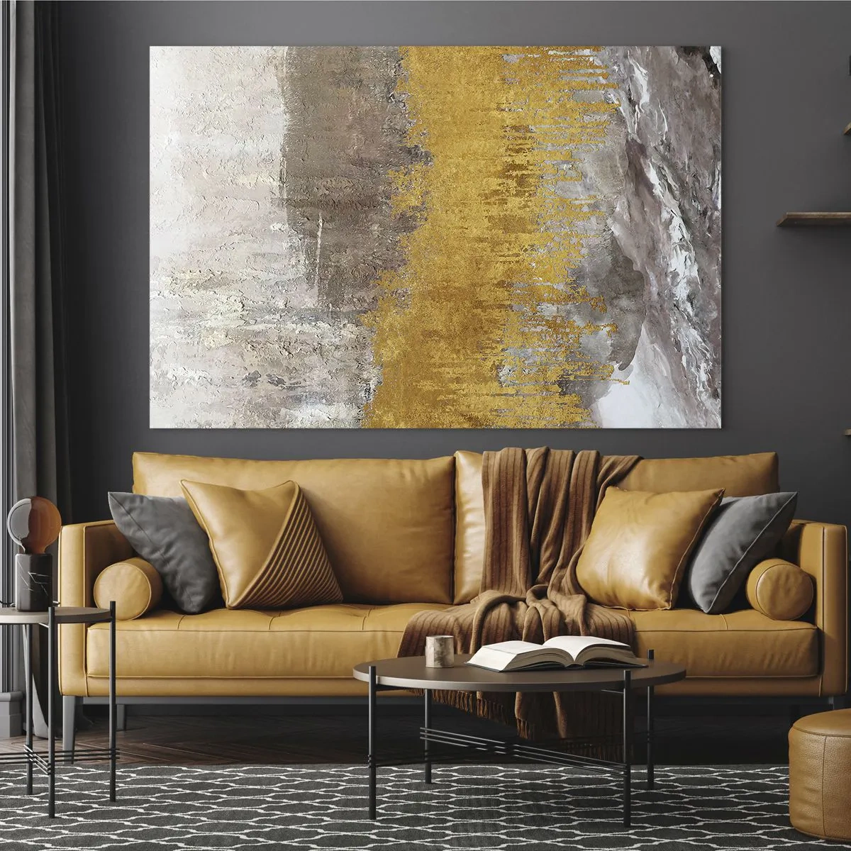 Obraz na skle - Zlaté a zemité struktury vytvářejí dynamickou abstrakci - 70x50cm - Zlatistý závan - Moderní nástěnná dekorace do obývacího pokoje a ložnice ARTTOR