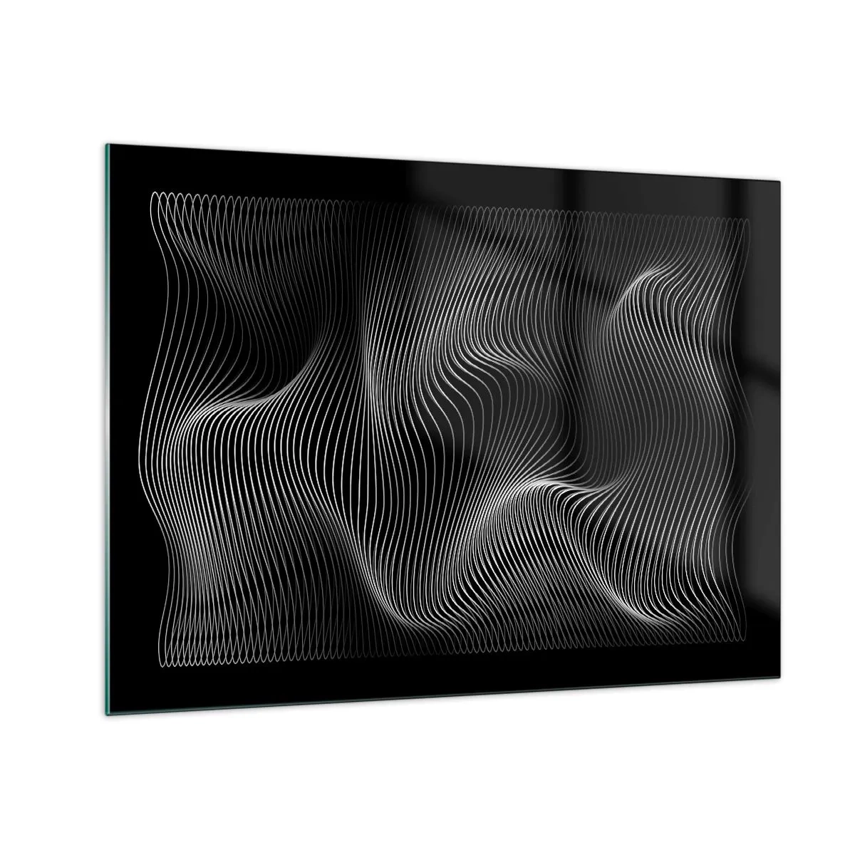 Obraz na skle - Hypnotizující bílé čáry vlnící se na černém pozadí - 70x50cm - Tanec světla v prostoru - Moderní nástěnná dekorace do obývacího pokoje a ložnice ARTTOR