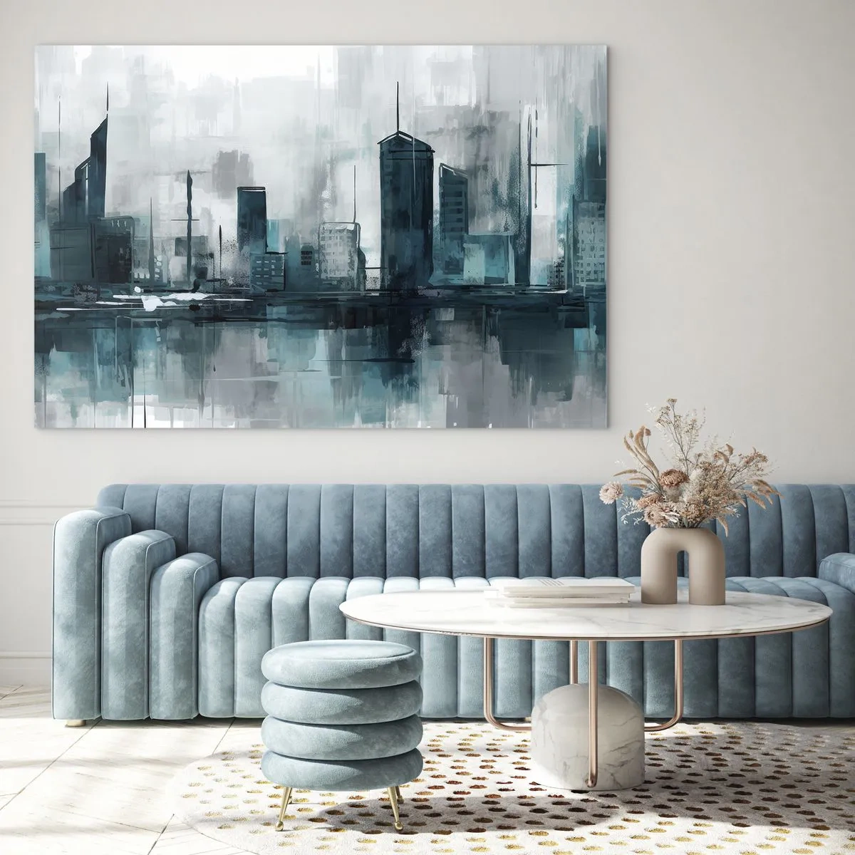 Obraz na skle - Moderní město v odstínech modré a šedé - 70x50cm - Město v barvě deště - Moderní nástěnná dekorace do obývacího pokoje a ložnice ARTTOR