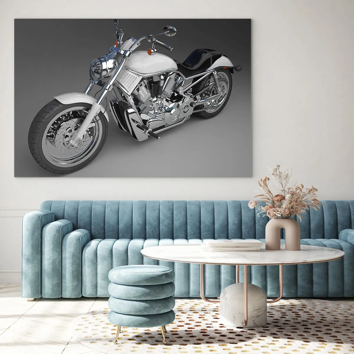 Obraz na skle - Stylový motocykl na šedém pozadí s moderním nádechem - 70x50cm - Až si chcete kleknout - Moderní nástěnná dekorace do obývacího pokoje a ložnice ARTTOR